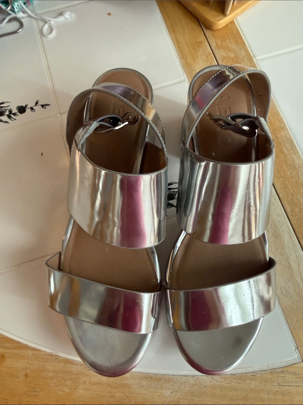 AEROSOLES Silver Two-Strap Metallic Sandals
